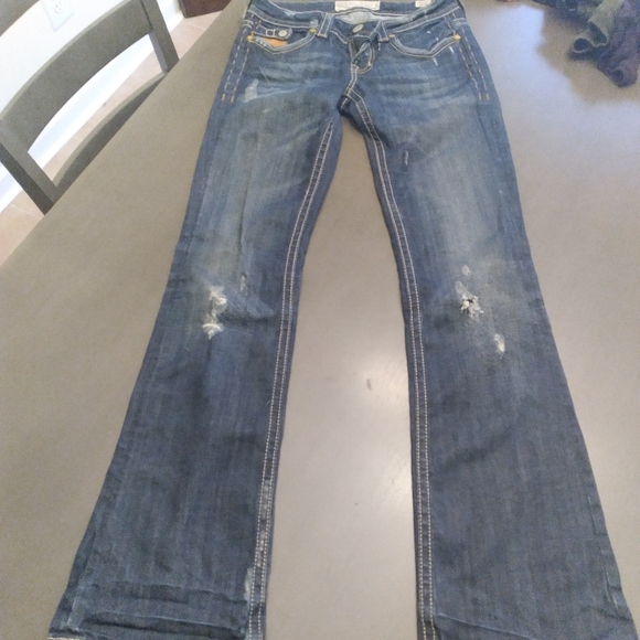 MEK Boulder Distressed Jeans Dark Wash w/ Leather Pocket Trim 26 - Picture 6 of 7